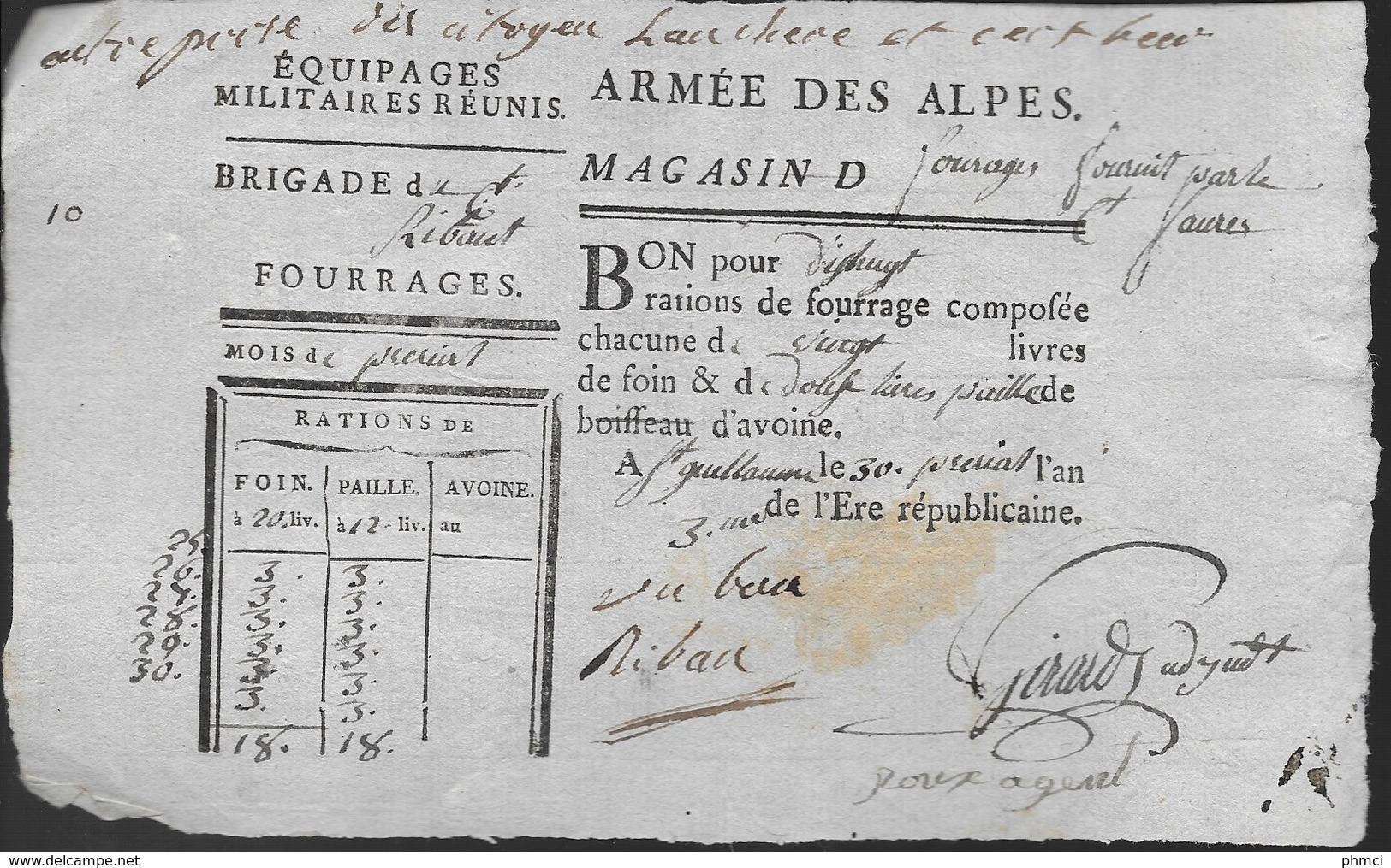 Armée Des Alpes - 2 Bons De Fourrage De L'an 3 - Documents