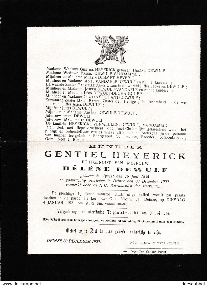 Doodsbrief Gentiel Heyerick °VINKT 1835 +DEINZE 1920 (H.DEWULF) - Images Religieuses