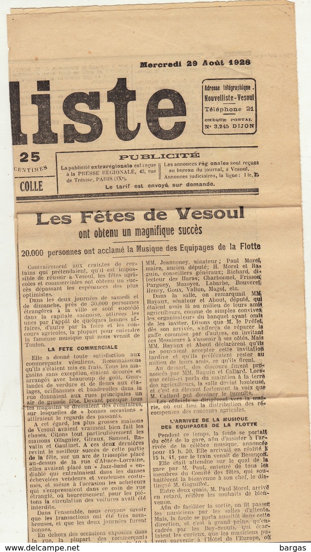 Haute Saône Vesoul Programme Des Grandes Fêtes 1928 Programme Horaire Des Train Musique Flotte De Toulon - Dépliants Touristiques