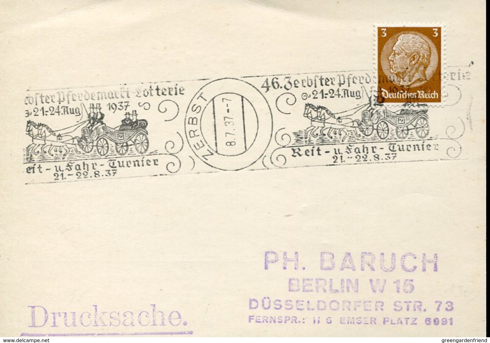 37386 Germany Reich, Special Postmark 1937 Zerbst, Zerbster Pferdemarkt-lotterie 1937 Reit U.fahr Turnier - Briefe U. Dokumente