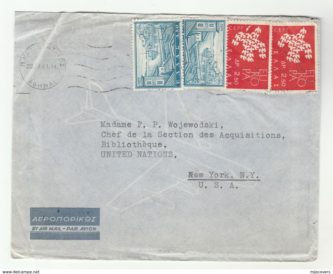 1961 GREECE To UNITED NATIONS Cover From HELLENIC INTERNATIONAL LAW INSTITUTE  Stamps Airmail  Un Usa - Covers & Documents