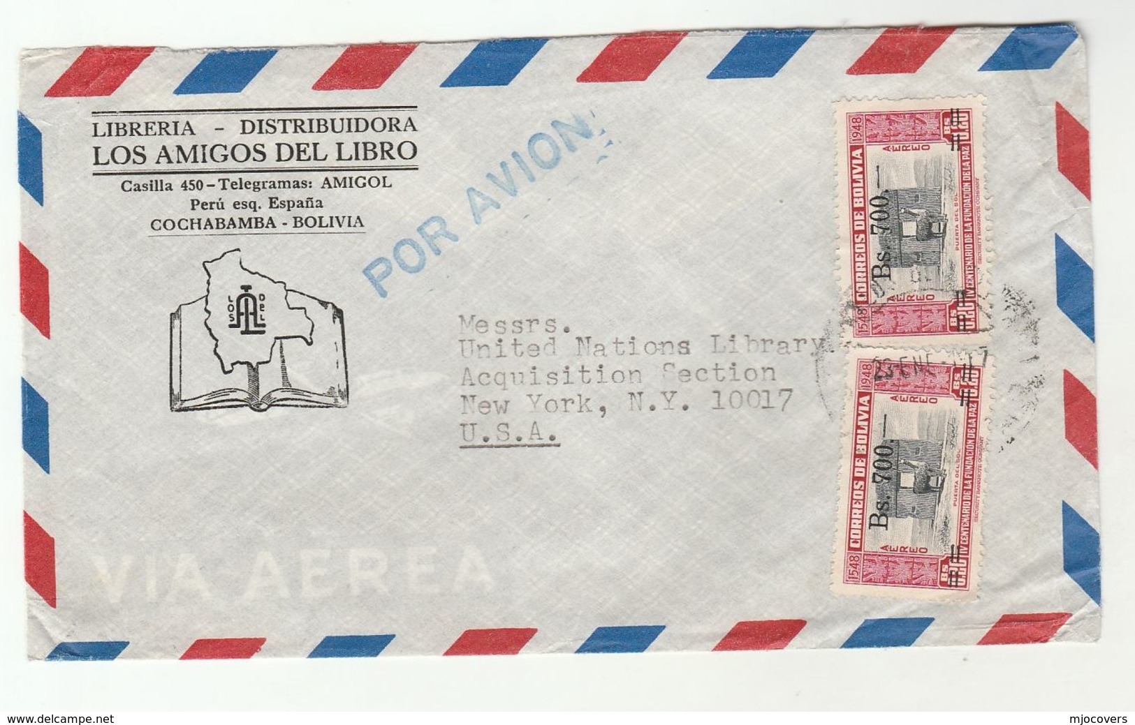 1950s BOLIVIA To UN NY USA Illus ADVERT Los Amigos Del Libros COVER Airmail To United Nations Stamp Puerta Del Sol Ovpt - Bolivia