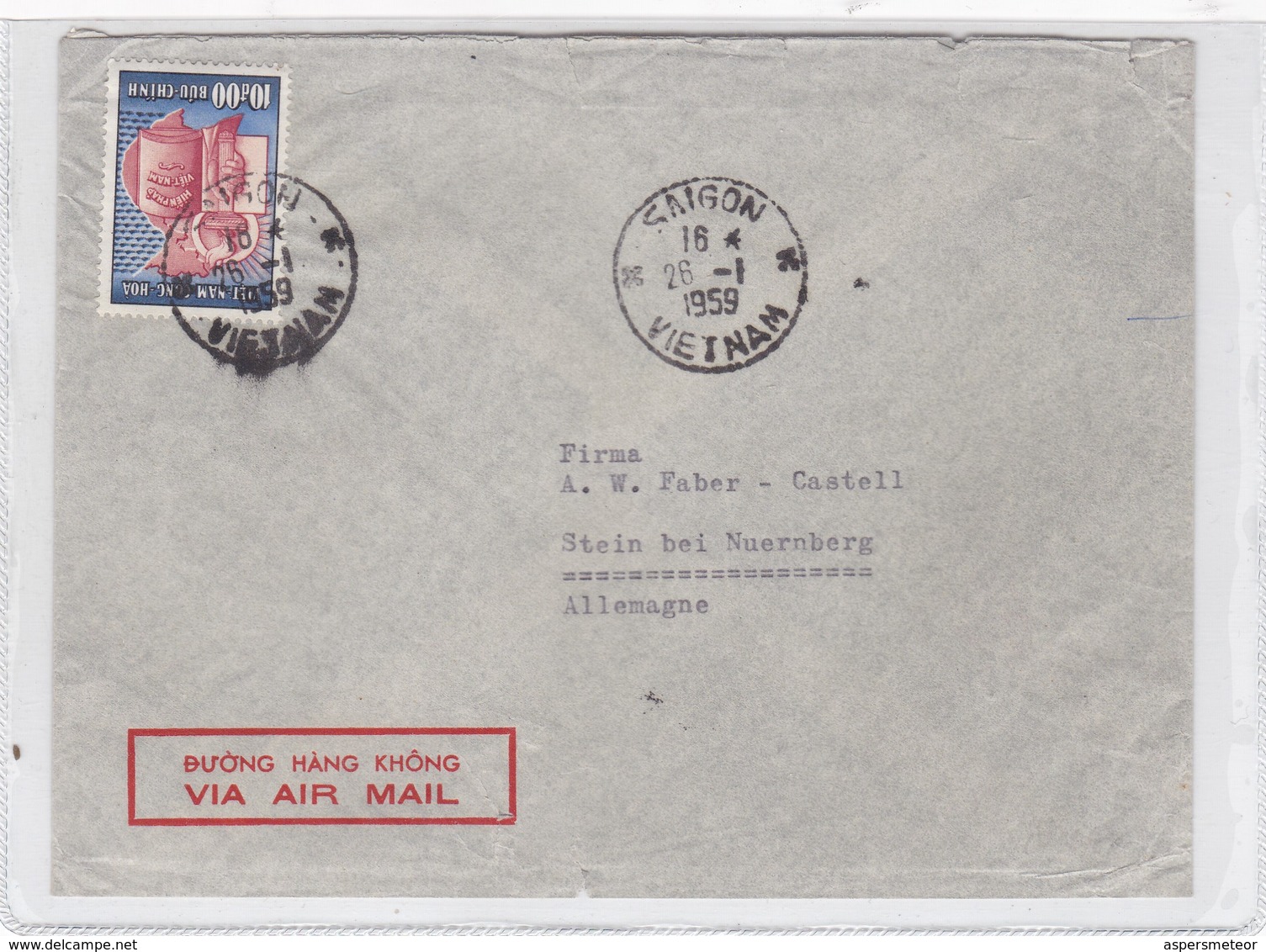 ENVELOPE CIRCULEE SAIGON, VIETNAM TO ALLEMAGNE VIA AIR MAIL YEAR 1959- BLEUP - Vietnam