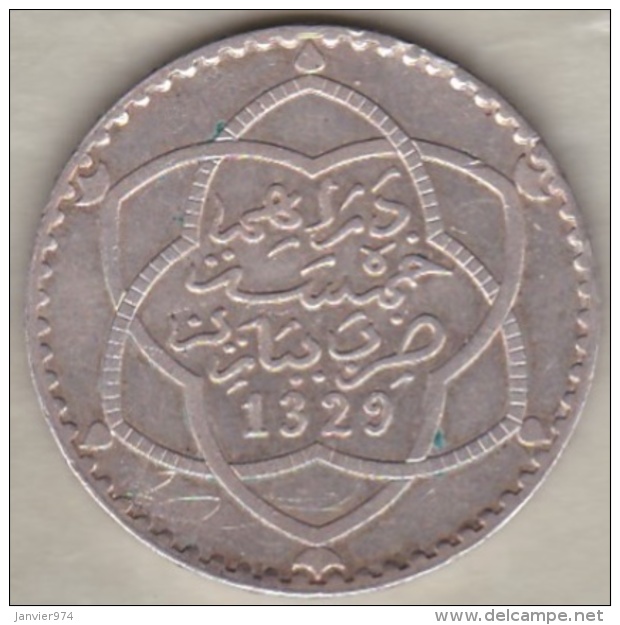 Maroc. 5 Dirhams (1/2 Rial) AH 1329 PARIS . AL-HAFIZ. ARGENT - Maroc