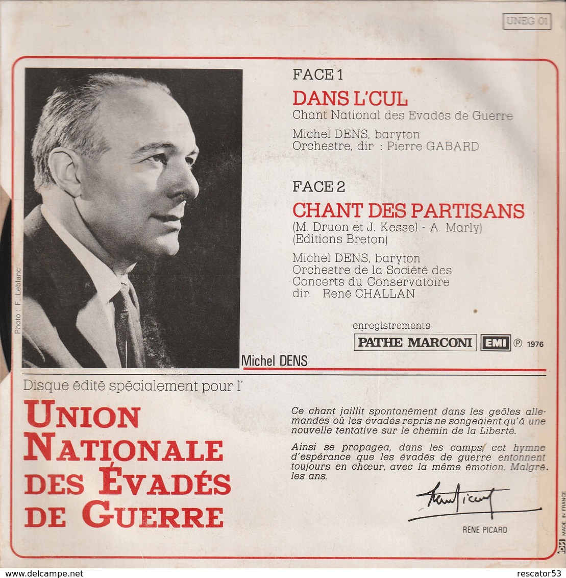 Rare Disque 45 T De L'union Des évadés De Guerre L'hymne  Dans L'cul - 1939-45