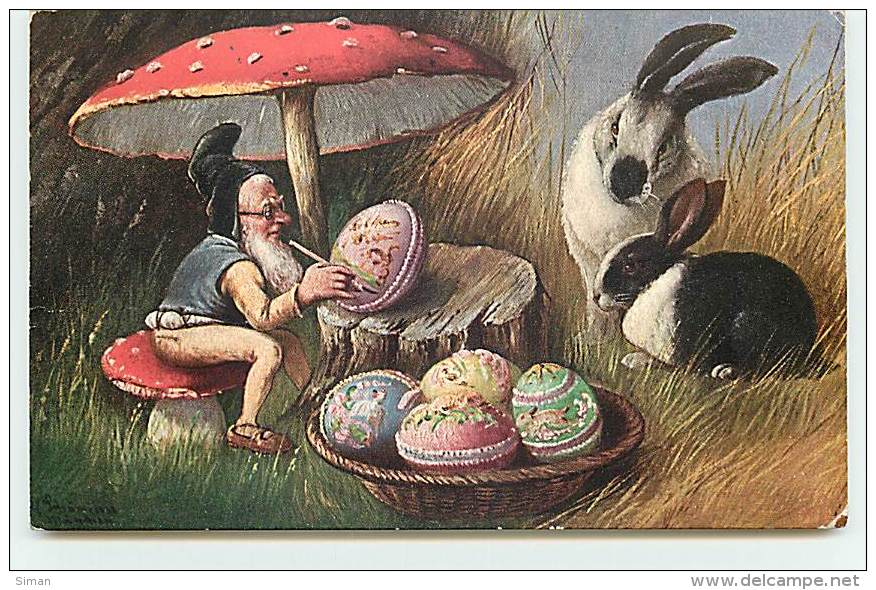 N°9805 - Carte Illustrateur - Schonian - Nain Peignant Un Oeuf De Pâques - Champignon - Autres & Non Classés