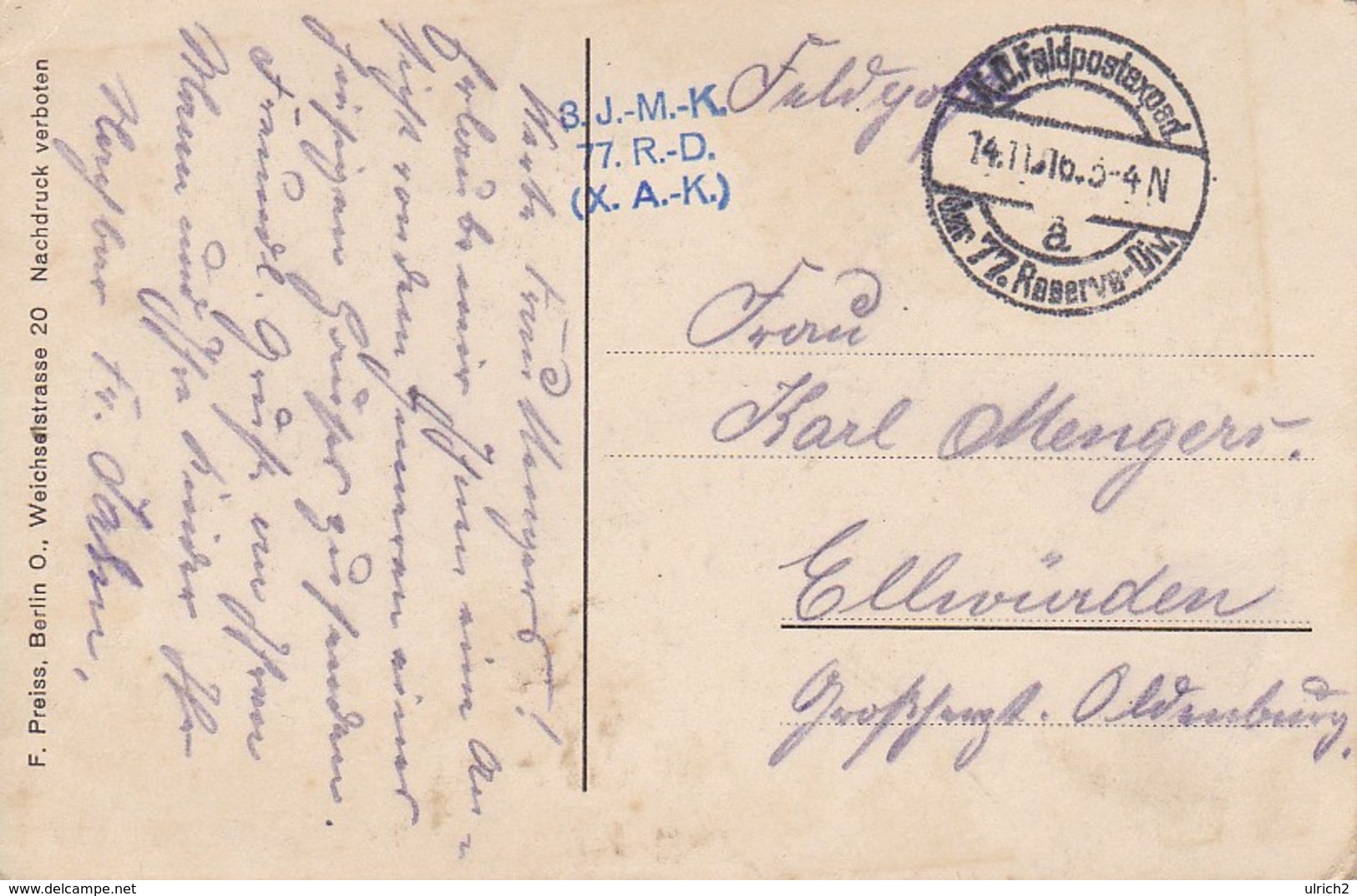 AK Russische Bauernstube - Künstlerkarte - Feldpost 8. J.-M.-K. 77. R.-D. (X. A.-K.) - 1916  (36250) - Europa
