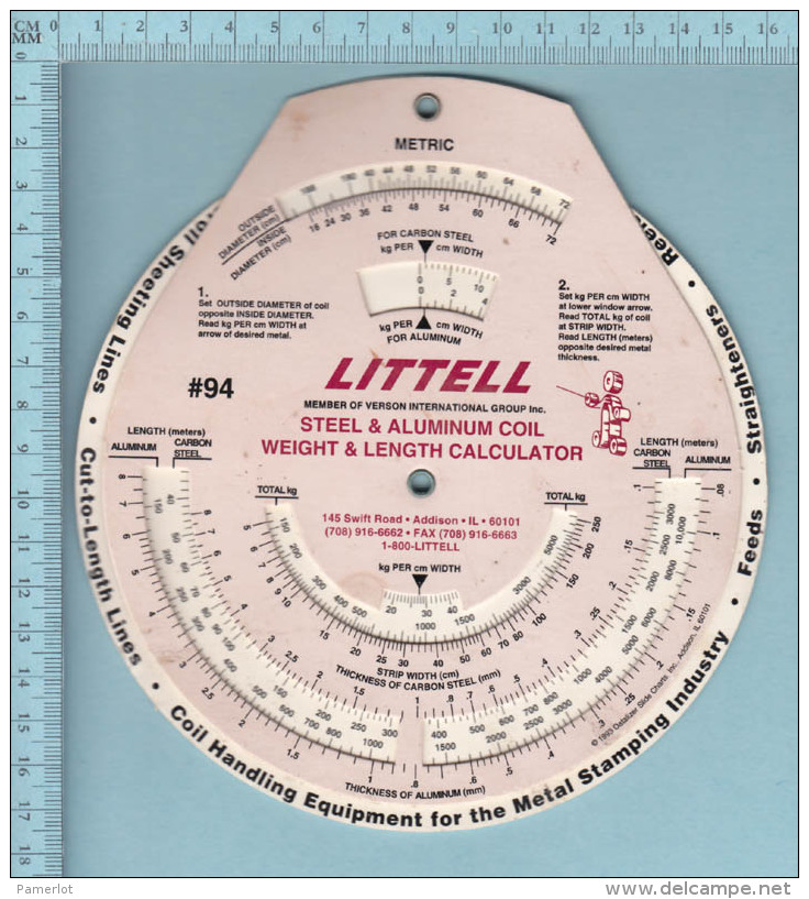 Regle Calcul - Circular, Steel &amp; Alluminum Coil Weight &amp; Lenght Calculator, By Littell Co. Rule - Other & Unclassified