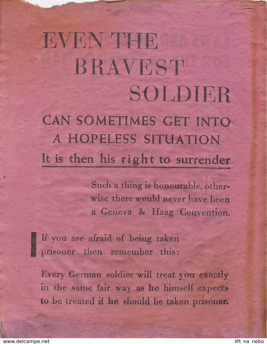 WWII WW2 German Propaganda Leaflet Tract Flugblatt, EVEN BRAVEST SOLDIER CAN SOMETIMES GET INTO A HOPELESS SITUATION - Unclassified