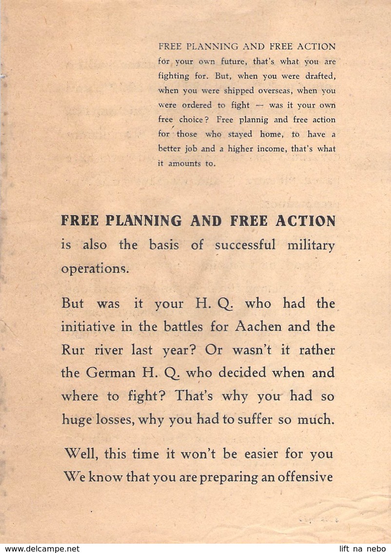 WWII WW2 German Propaganda Leaflet Tract Flugblatt, Code 980254/72, FREE PLANNING AND FREE ACTION, FREE SHIPPING - Unclassified