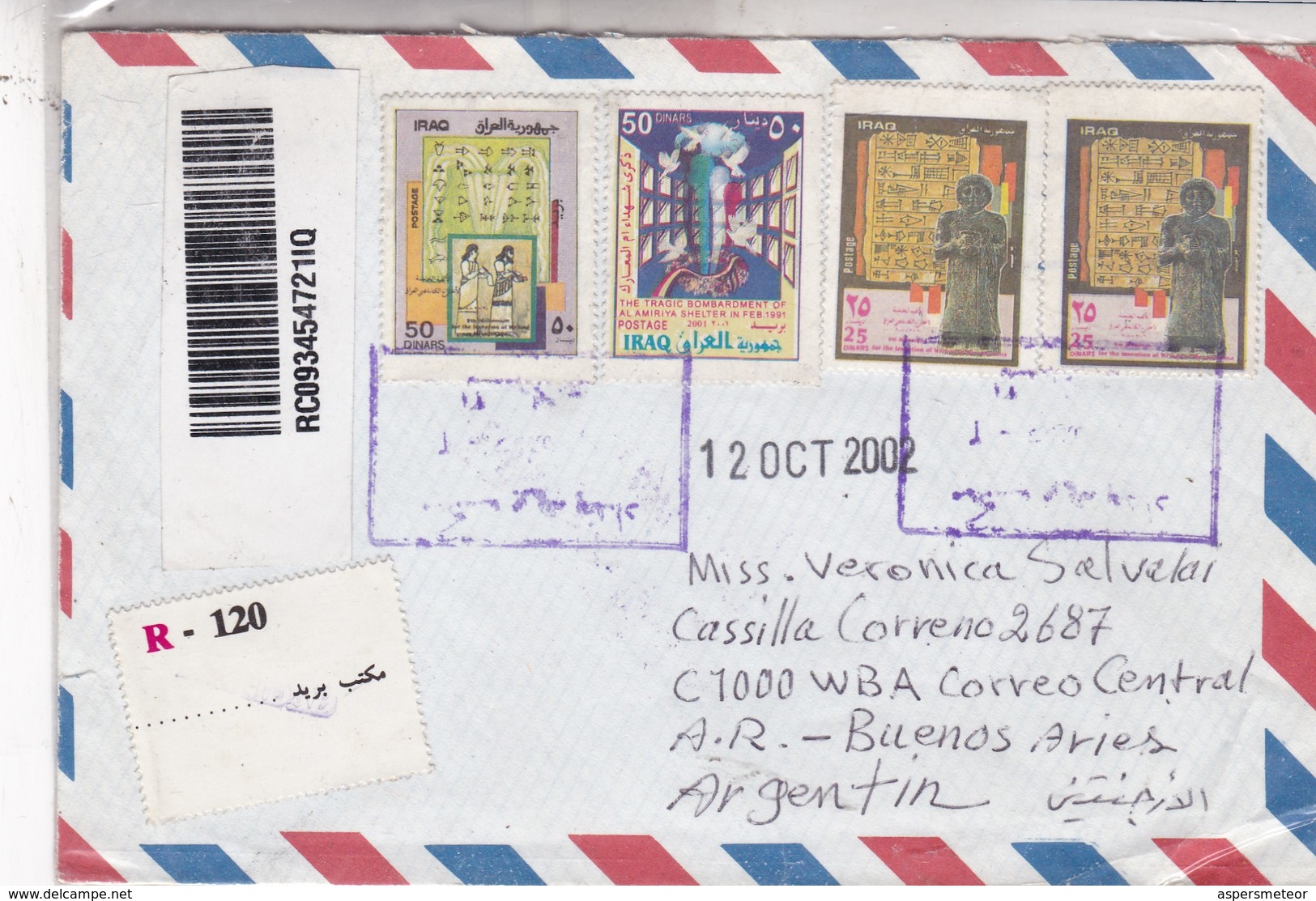 AIRMAIL ENVELOPPE CIRCULEE IRAQ TO ARGENTINE YEAR 2002 RECOMMANDE.- BLEUP - Irak