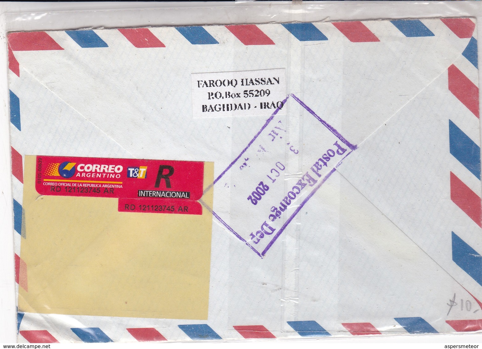 AIRMAIL ENVELOPPE CIRCULEE IRAQ TO ARGENTINE YEAR 2002 RECOMMANDE.- BLEUP - Irak