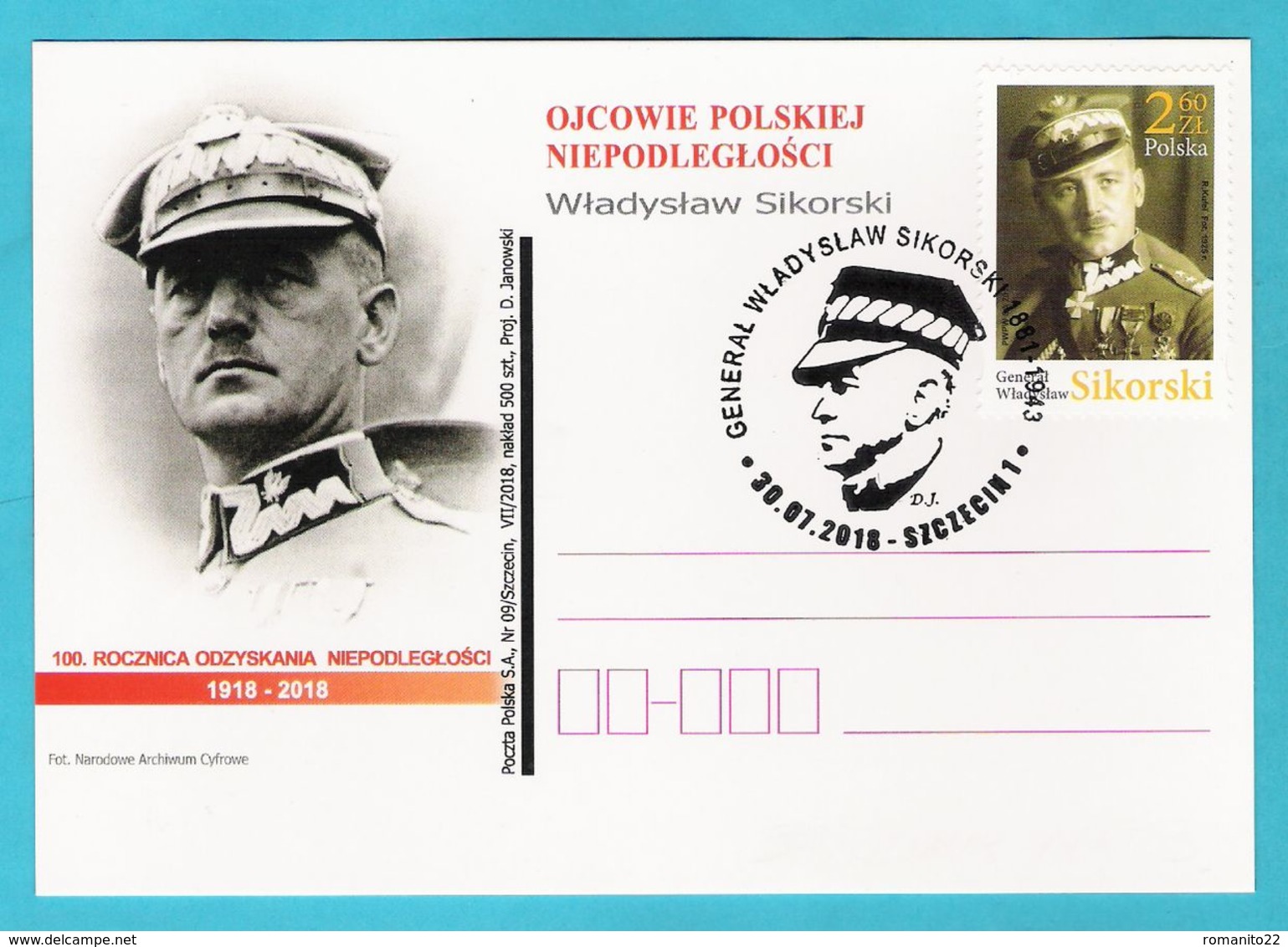 Poland 2018, SZCZECIN, Postcard, Gen. Sikorski, Guerre War, Badge,distinction, Army, Militaria, Uniform, LIMITED EDITION - Militaria