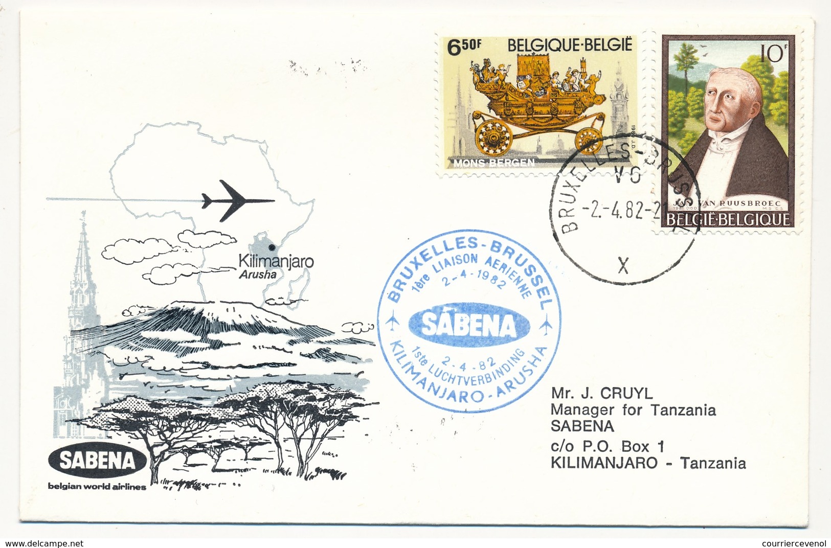TANZANIE - 2 Enveloppes SABENA - 1ere Liaison Aérienne - KILIMANJARO - BRUXELLES - 3.4.1982 Et Aller - Tansania (1964-...)