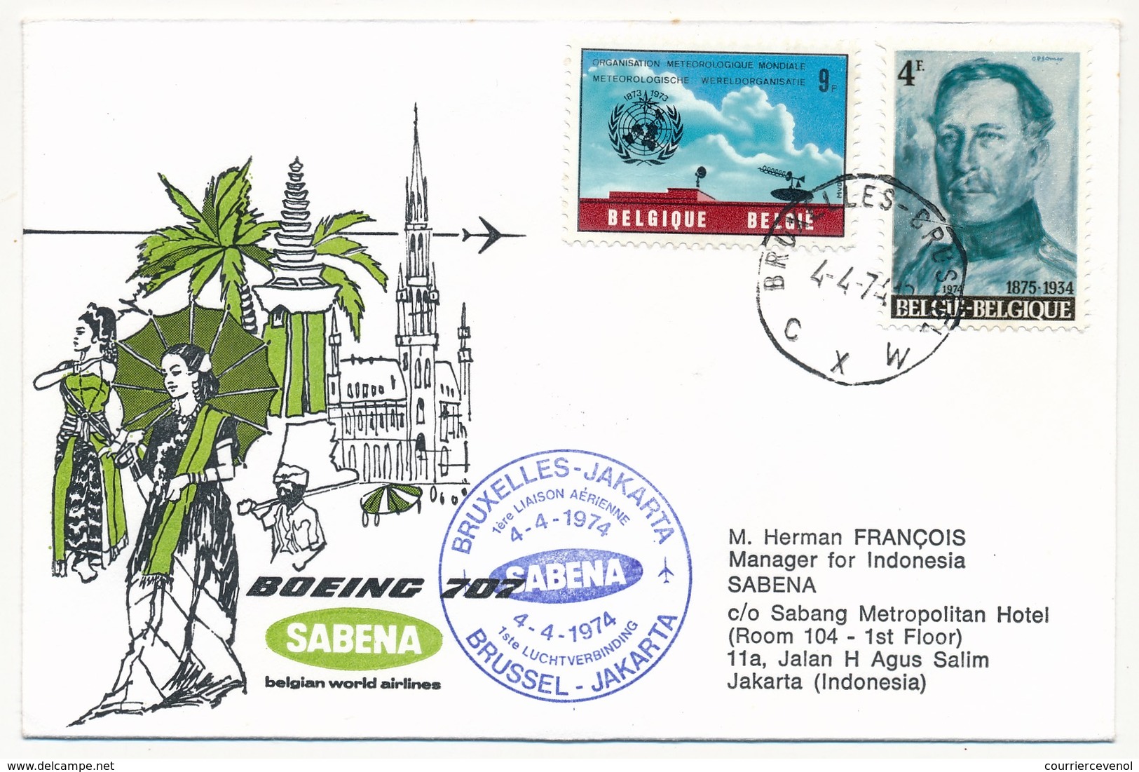 INDONESIE / BELGIQUE - 2 Enveloppes SABENA - 1ere Liaison Aérienne - JAKARTA - BRUXELLES - 5.4.1974 Et Aller - Indonésie