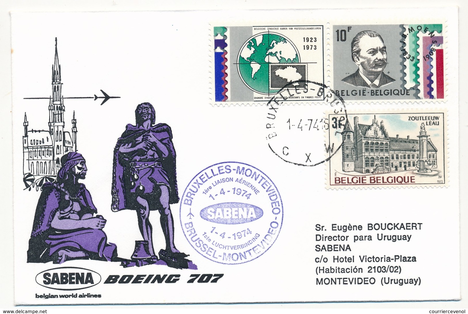 BELGIQUE - 2 Enveloppes SABENA - 1ere Liaison Aérienne - BRUXELLES - MONTEVIDEO - 1.4.1974 Et Retour - Andere & Zonder Classificatie