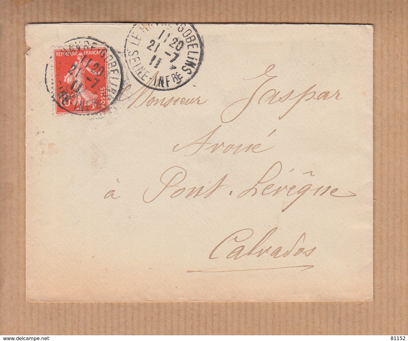 DAGUIN 2.BD.  De LE HAVRE GOBELINS Seine-inf  Le 21 7 1911  Pour PONT-L'EVEQUE Calvados  Semeuse 10c Rge - Oblitérations Mécaniques (Autres)