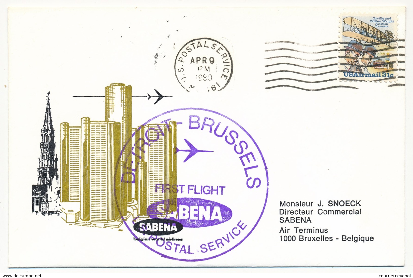 BELGIQUE - 2 Enveloppes SABENA - 1ere Liaison Aérienne - BRUXELLES - DETROIT - 9.4.1980 Et Retour - Autres & Non Classés