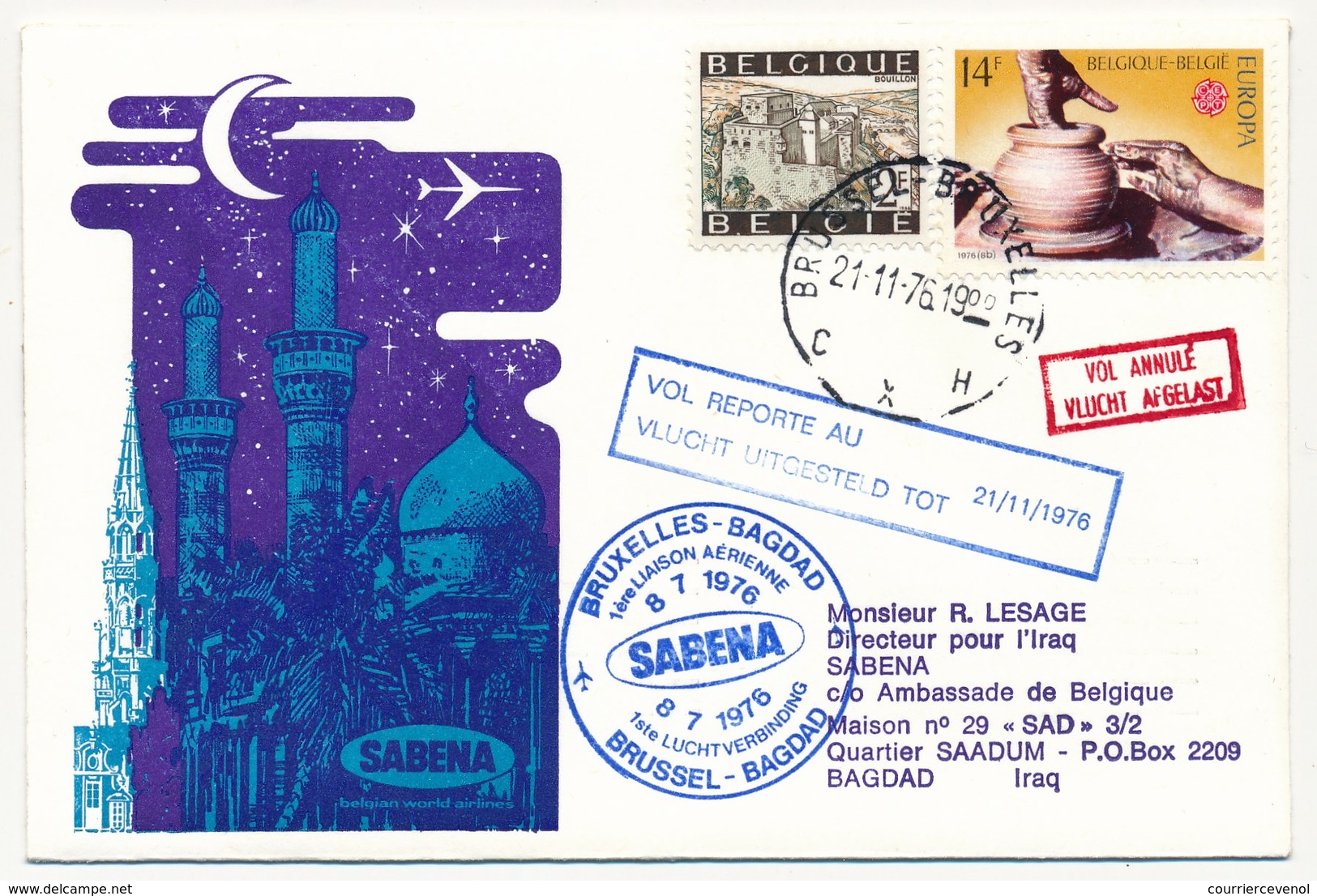 BELGIQUE / IRAK - 2 Enveloppes SABENA - 1ere Liaison Aérienne - BRUXELLES - BAGDAD - 21.11.1976 Et Retour - Otros & Sin Clasificación