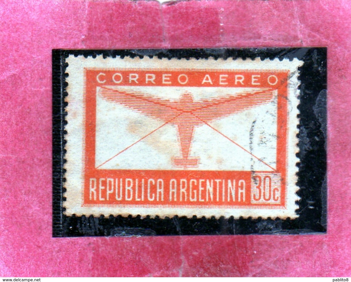 ARGENTINA 1940 1942 AIR MAIL POSTA AEREA CORREO AEREO PLANE AND LETTER CENT. 30c USED OBLITERE' - Posta Aerea