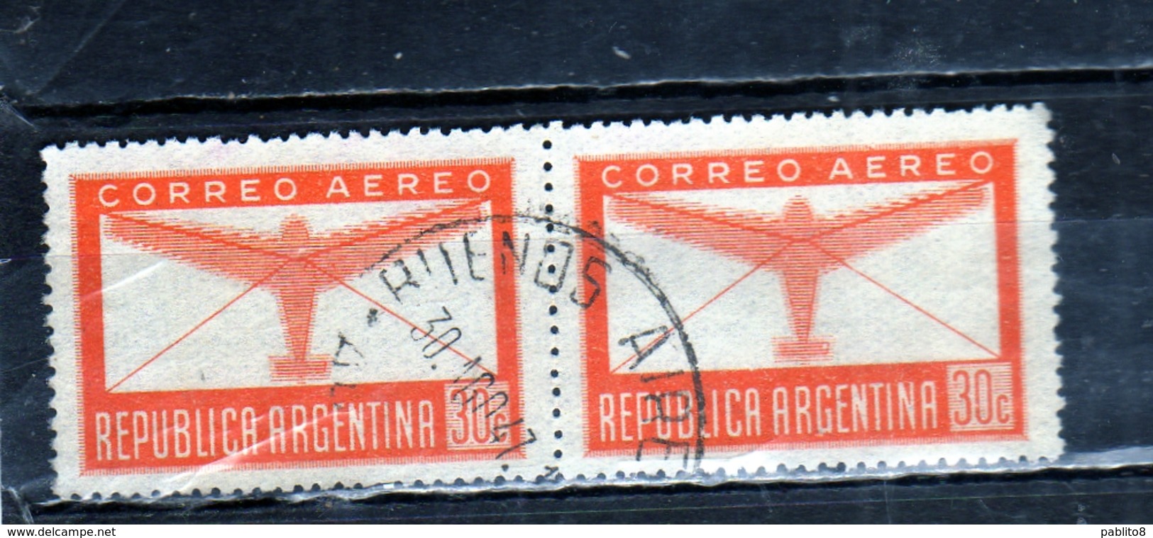 ARGENTINA 1940 1942 AIR MAIL POSTA AEREA CORREO AEREO PLANE AND LETTER CENT. 30c USED OBLITERE' - Posta Aerea