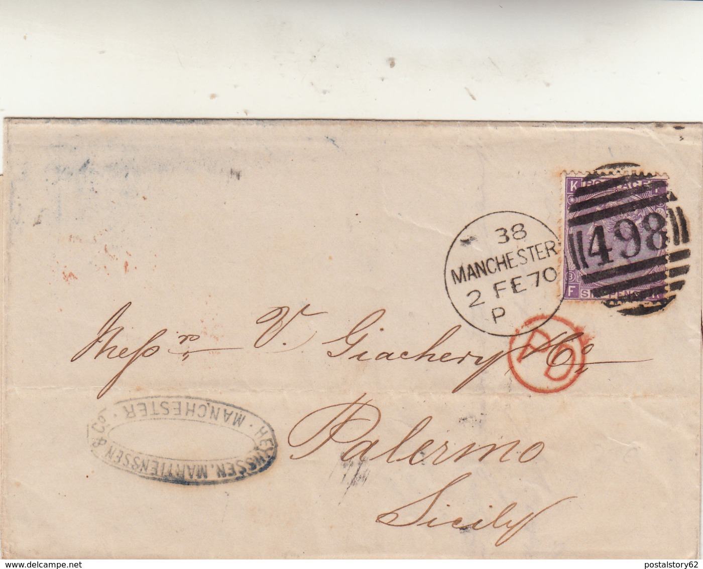 Manchester To Palermo. Cover 1870 - Storia Postale