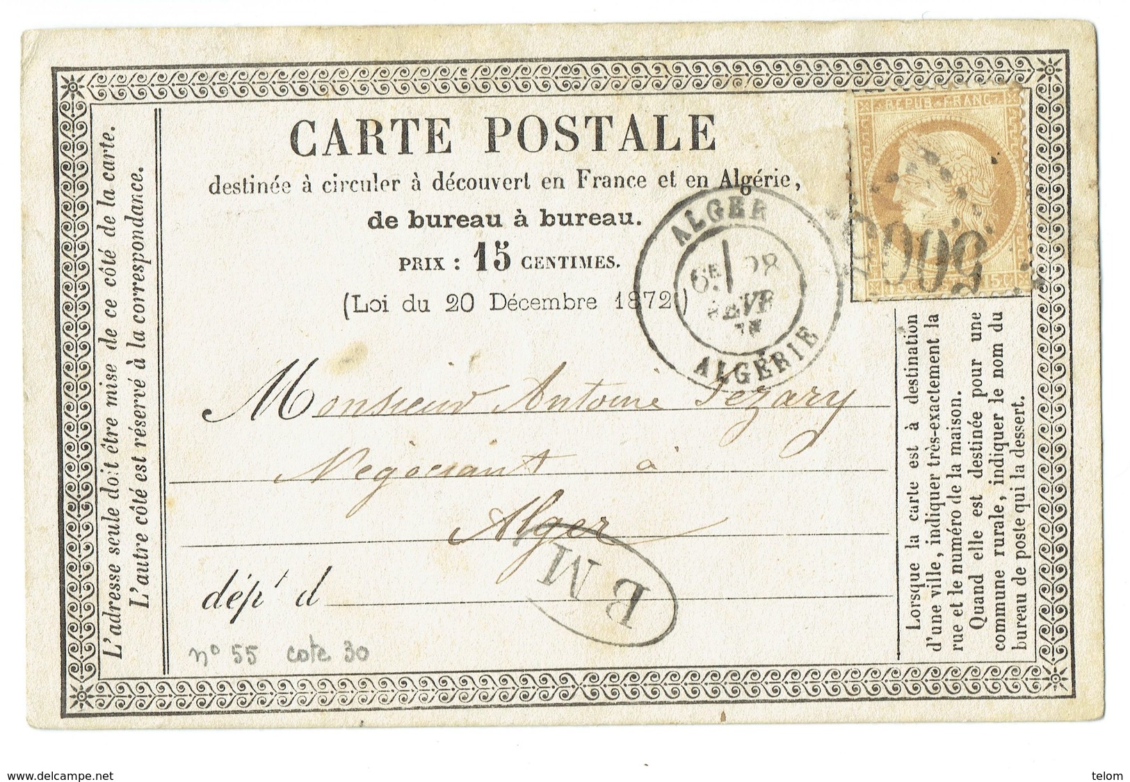 CP ALGERIE ALGER 1875 CACHET BM - Autres & Non Classés