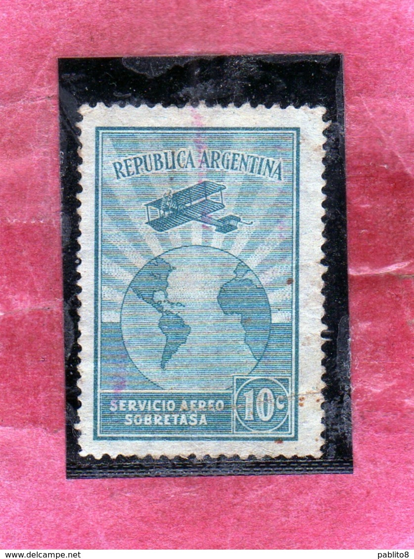 ARGENTINA 1928 AIR MAIL POSTA AEREA CORREO AEREO AIRPLANE CIRCLES THE GLOBE CENT. 10 USATO USED OBLITERE' - Posta Aerea