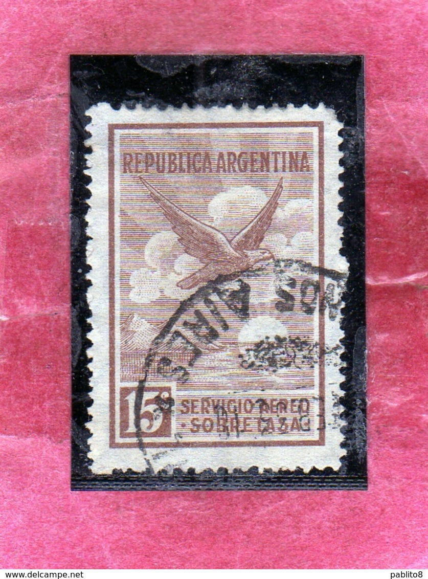 ARGENTINA 1928 AIR MAIL POSTA AEREA CORREO AEREO EAGLE AQUILA CENT. 15 USATO USED OBLITERE' - Posta Aerea