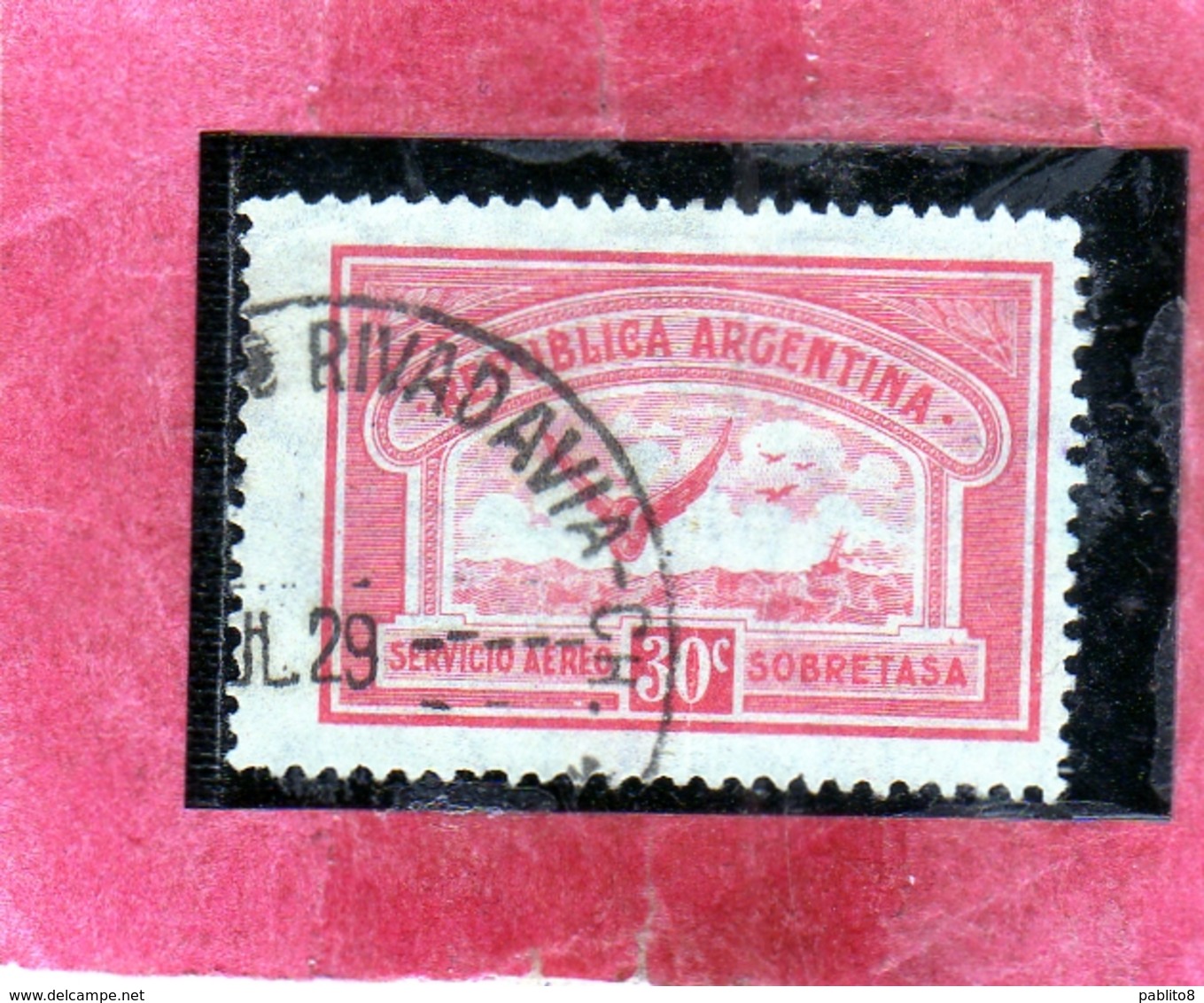 ARGENTINA 1928 AIR MAIL POSTA AEREA CORREO AEREO WINGS CROSS THE SEA ALI ATTRAVERSANO MARE CENT. 30c USATO USED OBLITER - Posta Aerea