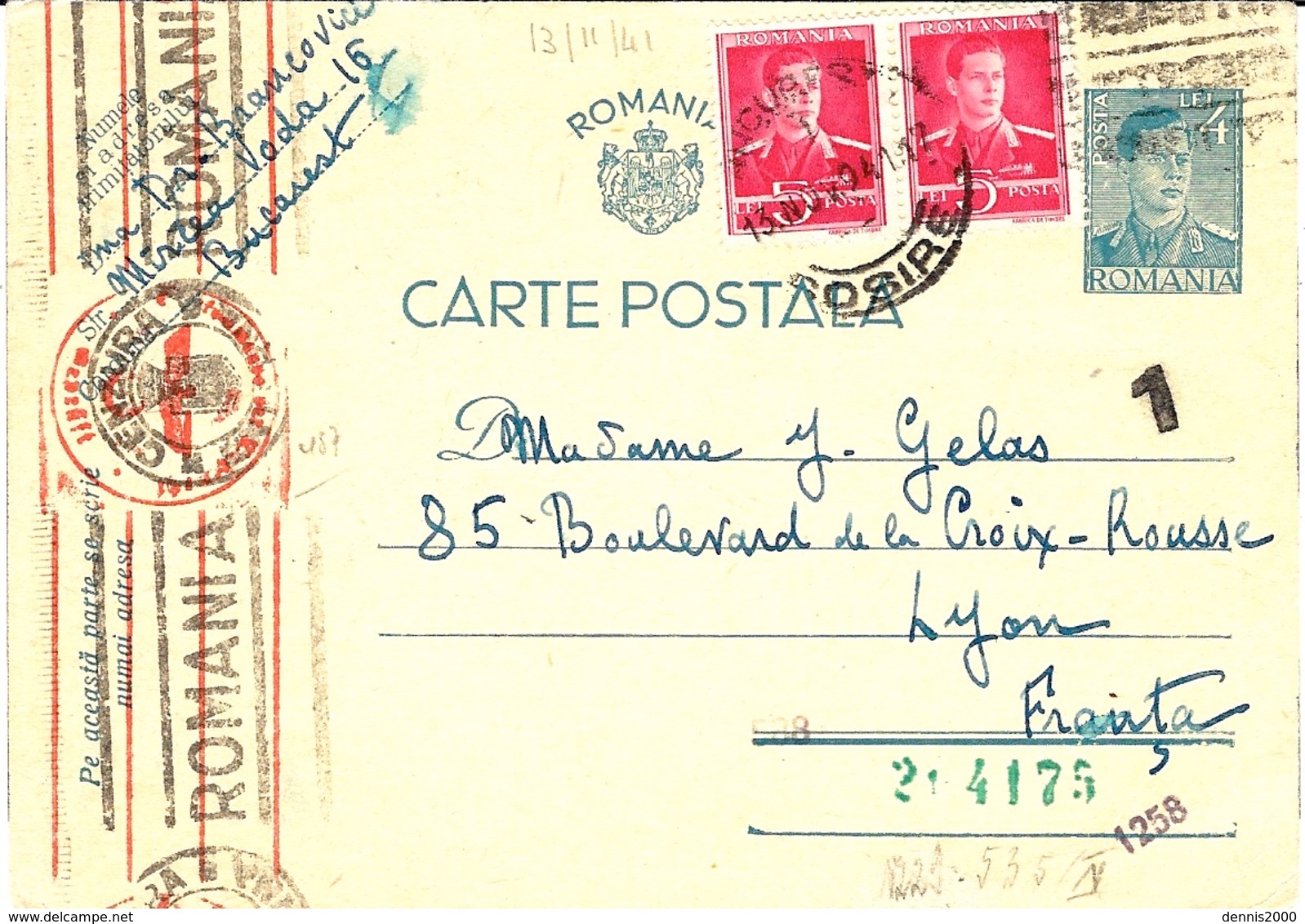 1941- C P E P 4 Lei  + 10 Lei  From Bucarest  To Lyon -censure - Lettres 2ème Guerre Mondiale