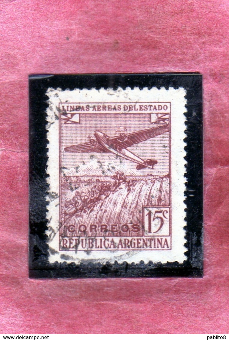 ARGENTINA 1946 AIR MAIL POSTA AEREA CORREO AEREO PLANE OVER IGUACU FALLS CENT. 15c USATO USED OBLITERE' - Posta Aerea