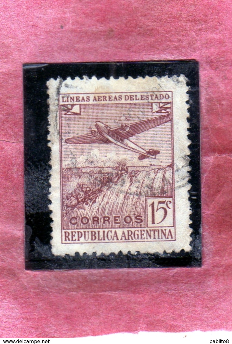 ARGENTINA 1946 AIR MAIL POSTA AEREA CORREO AEREO PLANE OVER IGUACU FALLS CENT. 15c USATO USED OBLITERE' - Posta Aerea