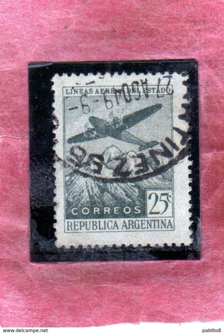 ARGENTINA 1946 AIR MAIL POSTA AEREA CORREO AEREO PLANE OVER THE ANDES CENT. 25c USATO USED OBLITERE' - Luchtpost