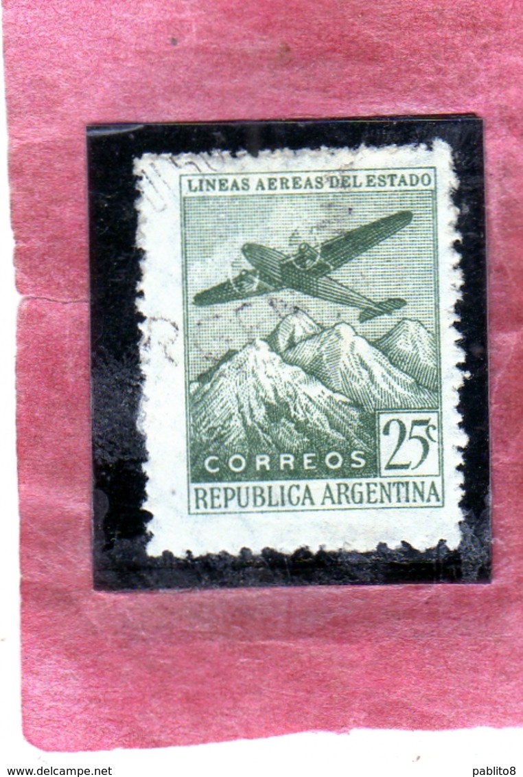 ARGENTINA 1946 AIR MAIL POSTA AEREA CORREO AEREO PLANE OVER THE ANDES CENT. 25c USATO USED OBLITERE' - Luftpost