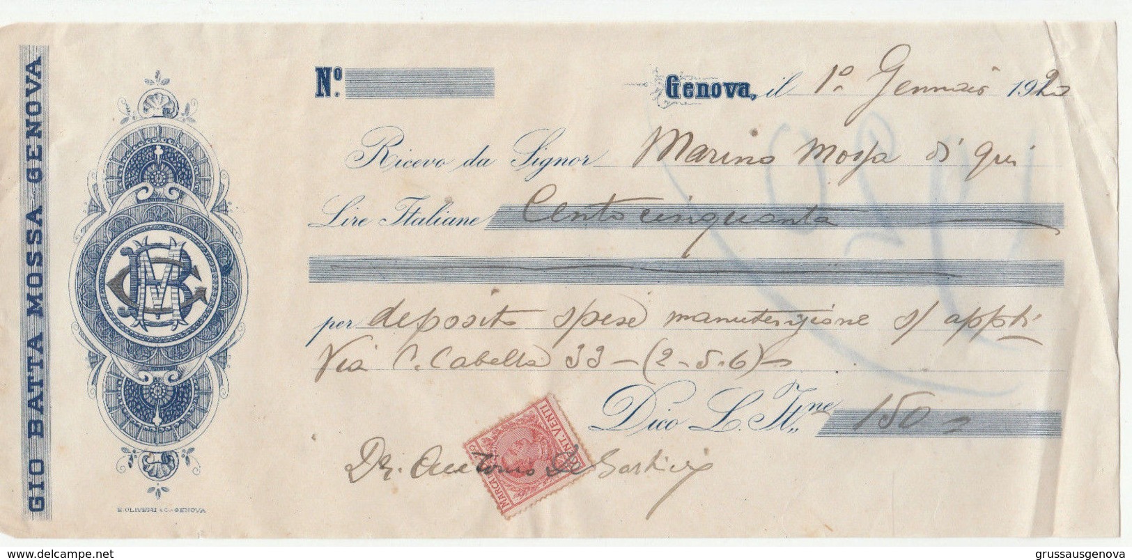 DOC3 SC1) GENOVA RICEVUTA DI PAGAMENTO GIO BATTA MOSSA 1920 FORMATO 26 X 12 Cm INTERESSANTE - Cambiali