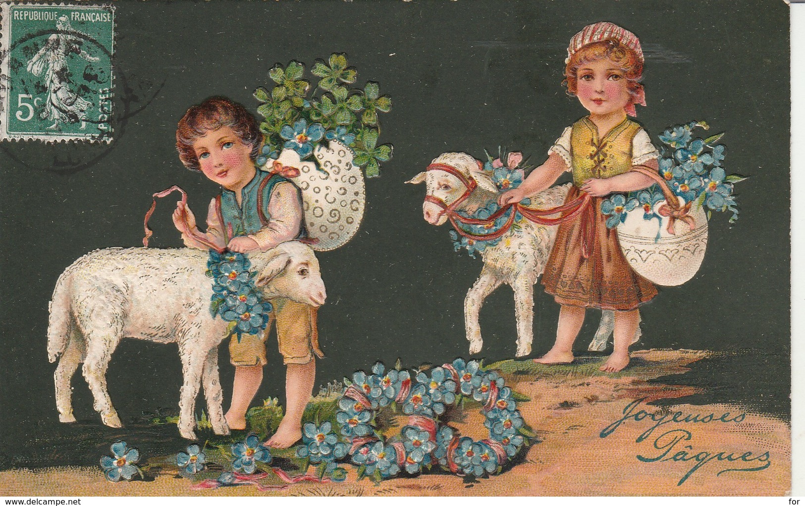Fétes : Paques : Joyeuses Paques ( Enfants Avec Agneaux Portant Des Fleurs ) Carte Gaufrée - Easter