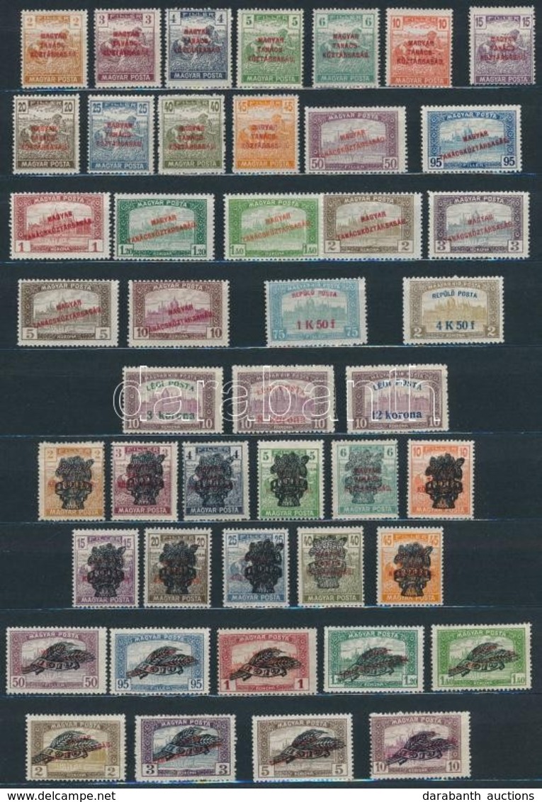 1918-1925 9 Klf Teljes Sor, Javarészt Postatiszta, Közte Eltolódások, Gépszínátnyomat, Lemezhibák, Nyomási és Fogazási E - Gebruikt