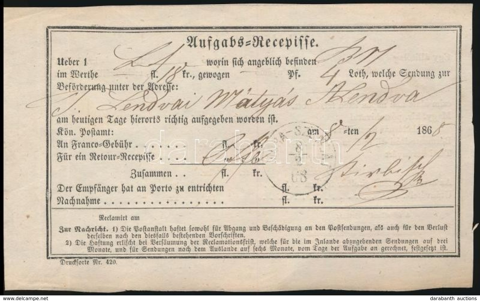 1868 Aufgabs - Recepisse ,,MURA - SZOMBAT' - Andere & Zonder Classificatie