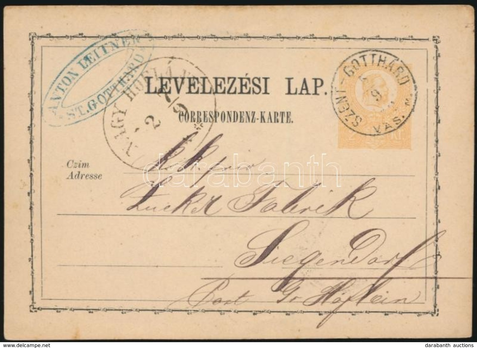 1872 Díjjegyes Levelezőlap 'SZENT - GOTTHÁRD VAS M' - 'NAGY HÖFLANY' - Andere & Zonder Classificatie