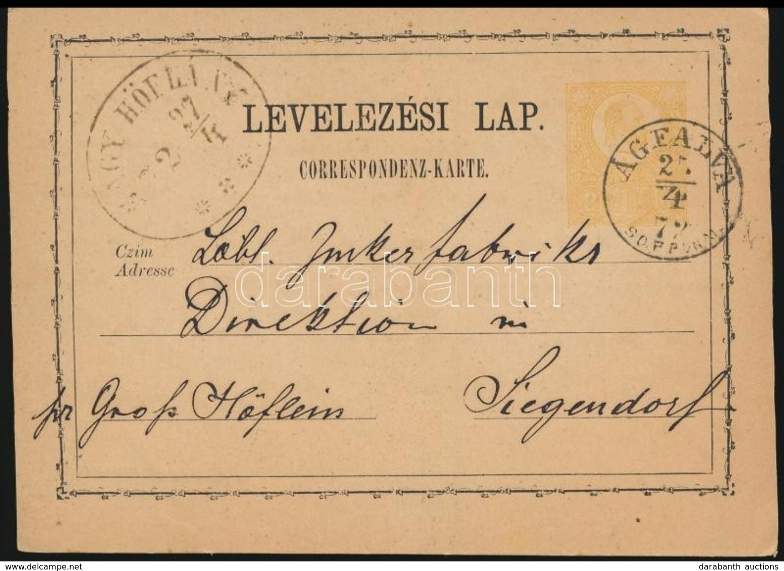 1872 Díjjegyes Levelezőlap 'ÁGFALVA SOPRON M' - 'NAGY HÖFLÁNY' - Andere & Zonder Classificatie