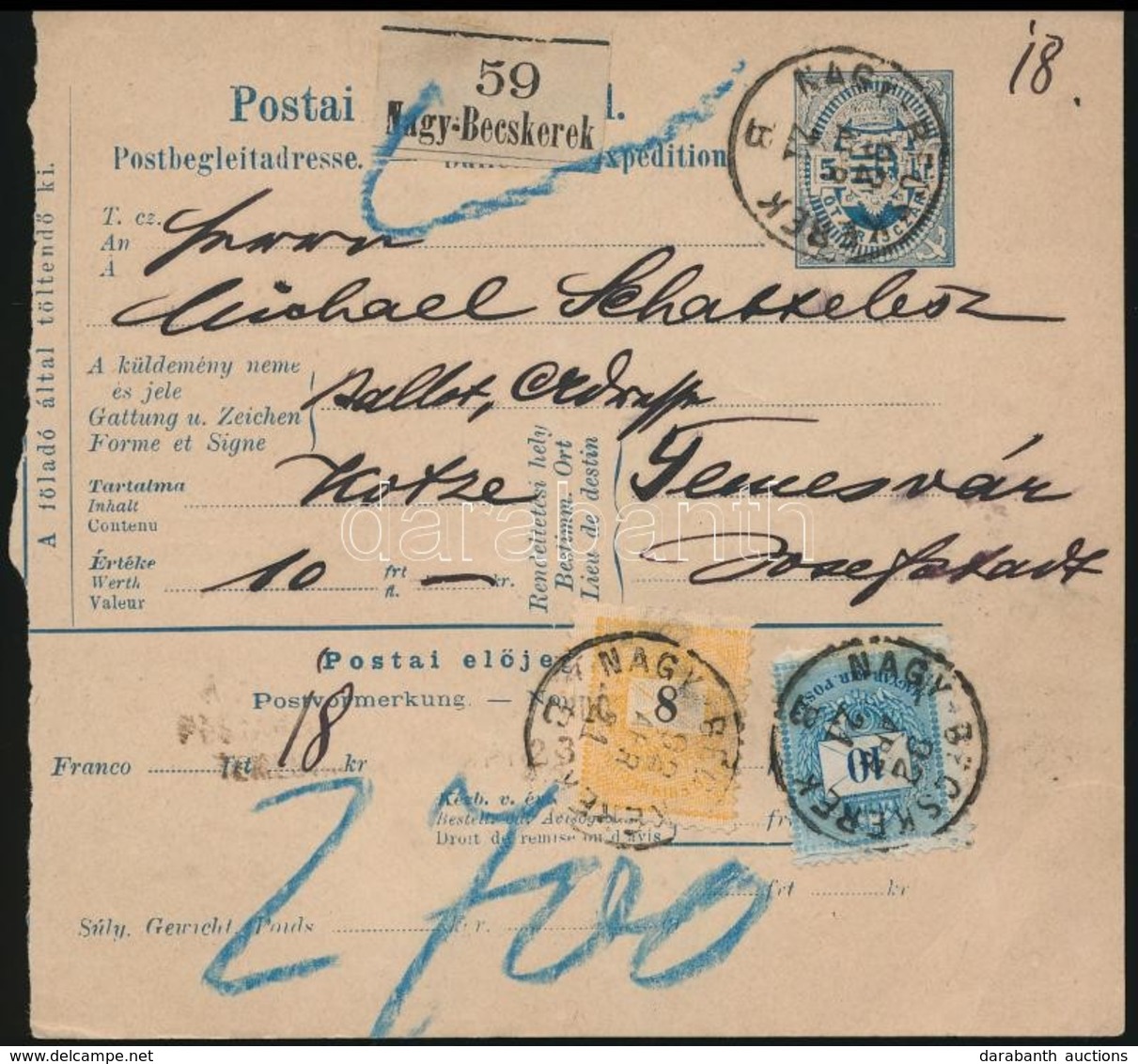 1892 Szállítólevél 18kr Bérmentesítéssel 'NAGY-BECSKEREK' - Sonstige & Ohne Zuordnung