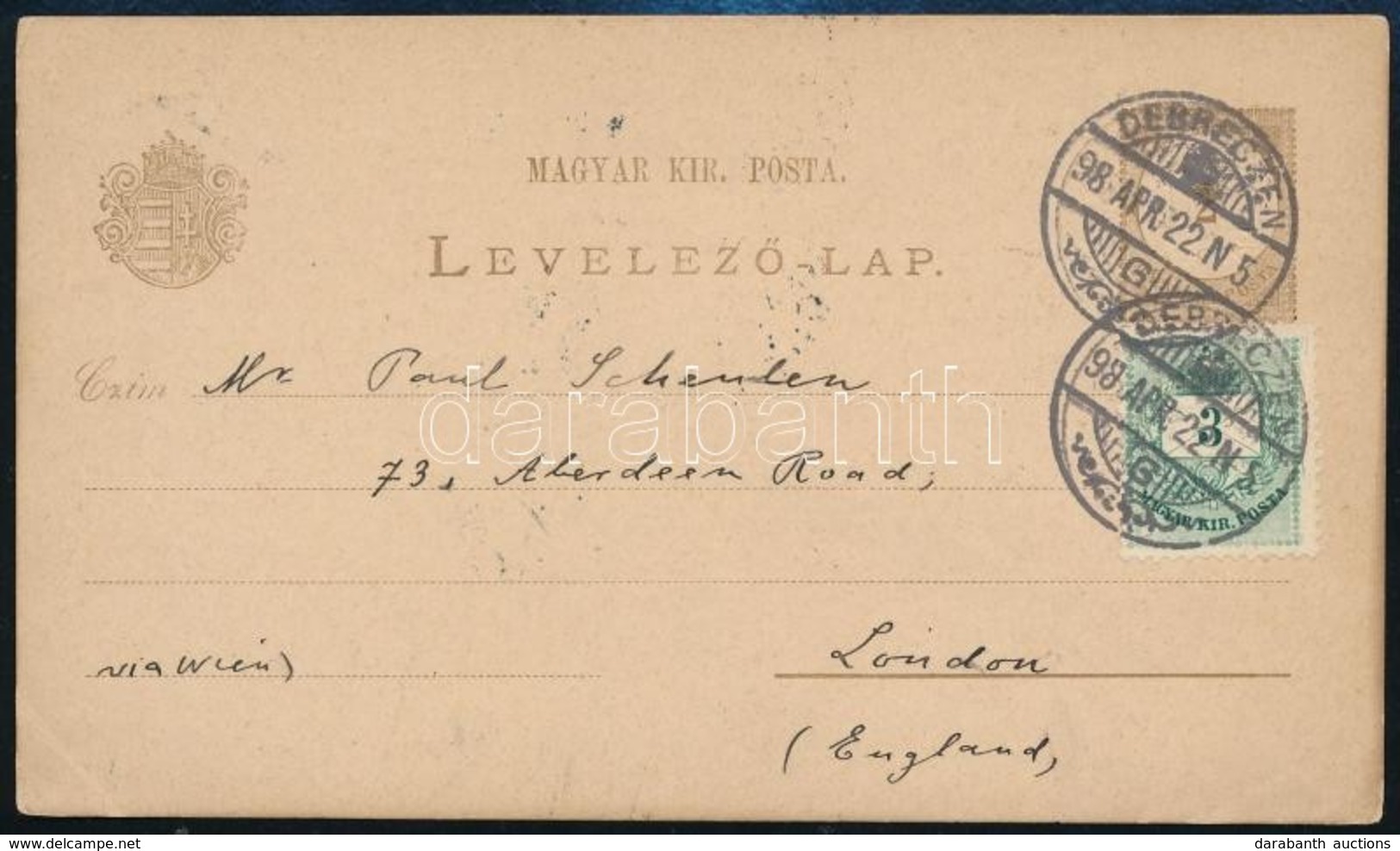 1898 Levelezőlap Londonba 2kr + 3kr ,,DEBRECZEN', Ritka Destináció - Andere & Zonder Classificatie