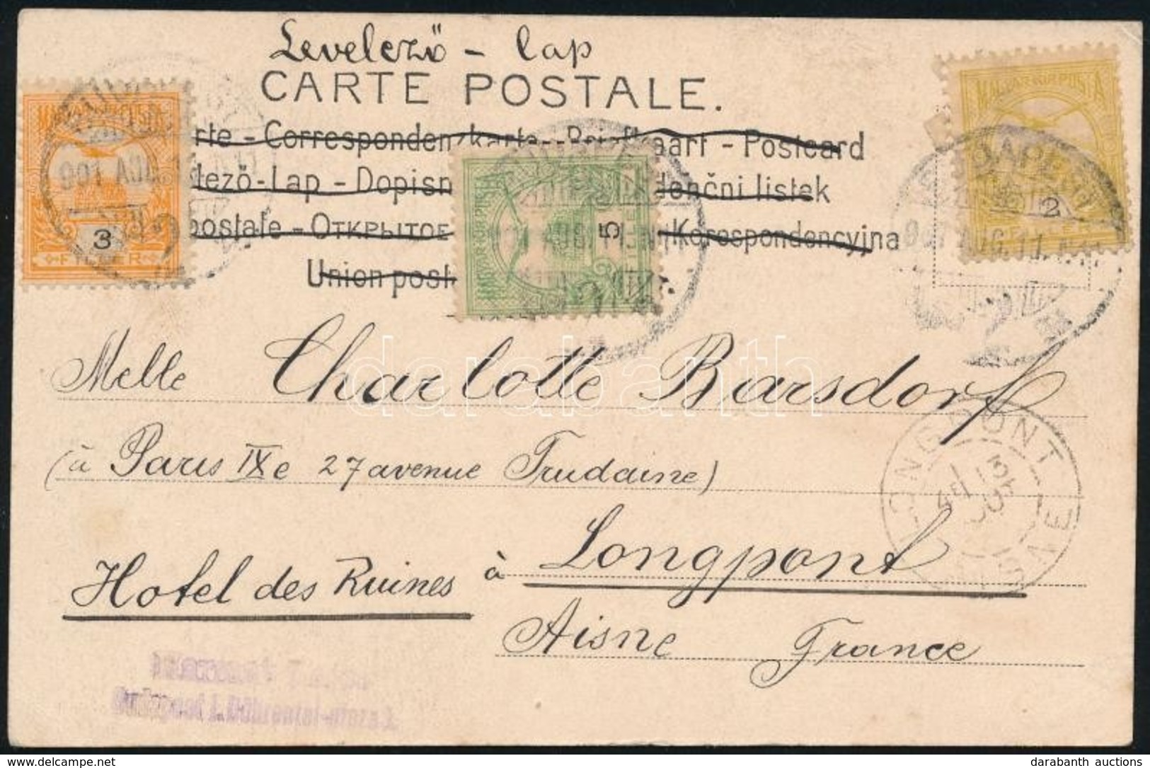 1901 Képeslap Turul 3 Klf Színű Turul Bélyeggel Bérmentesítve 'BUDAPEST' Franciaországba Küldve - Andere & Zonder Classificatie