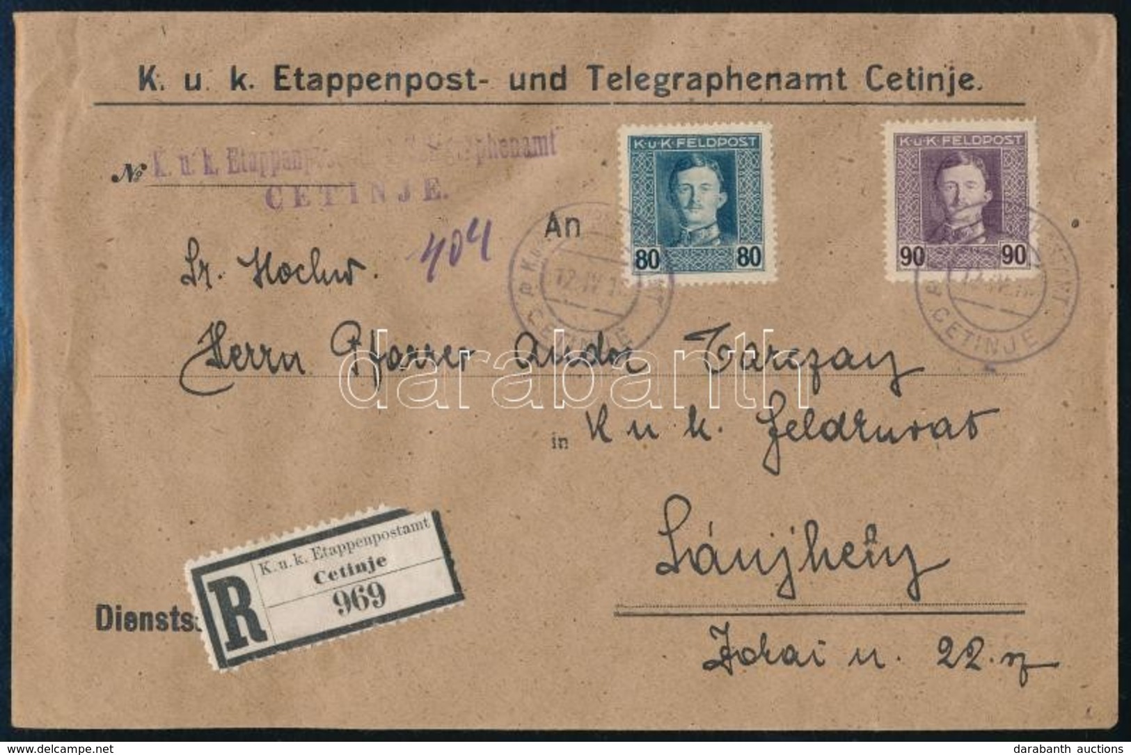 1918 Ajánlott Levél / Registered Cover 'K.u.k. Etappenpost- Und Telegraphenamt CETINJE' + 'EP CETINJE A' - 'SÁTORALJAÚJH - Altri & Non Classificati