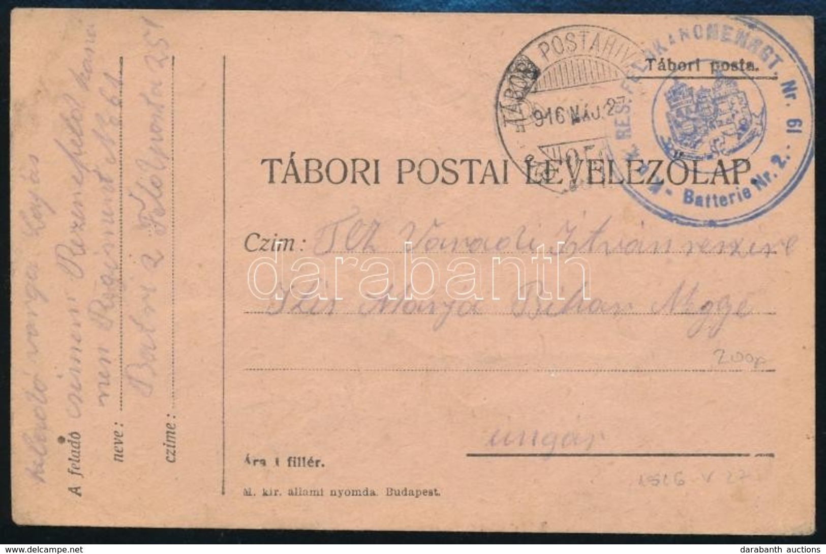 1916 Tábori Posta Levelezőlap 'TP 25' + 'K.u.K. FELDKANONENRGT Nr. 61' - Altri & Non Classificati