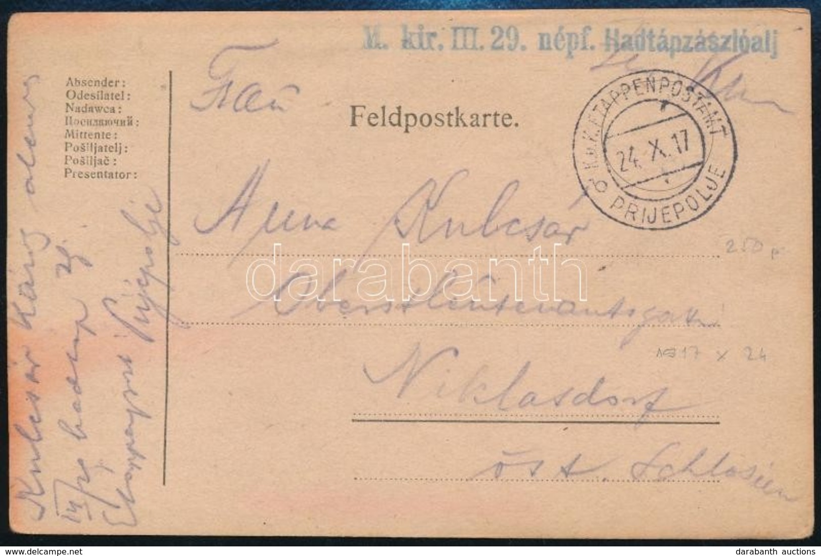 1917 Tábori Posta Levelezőlap 'M. Kir. III. 29. Népf. Hadtápzászlóalj' + 'K.u.K. ETAPPENPOSTAMT / PRIJEPOLJE' - Andere & Zonder Classificatie