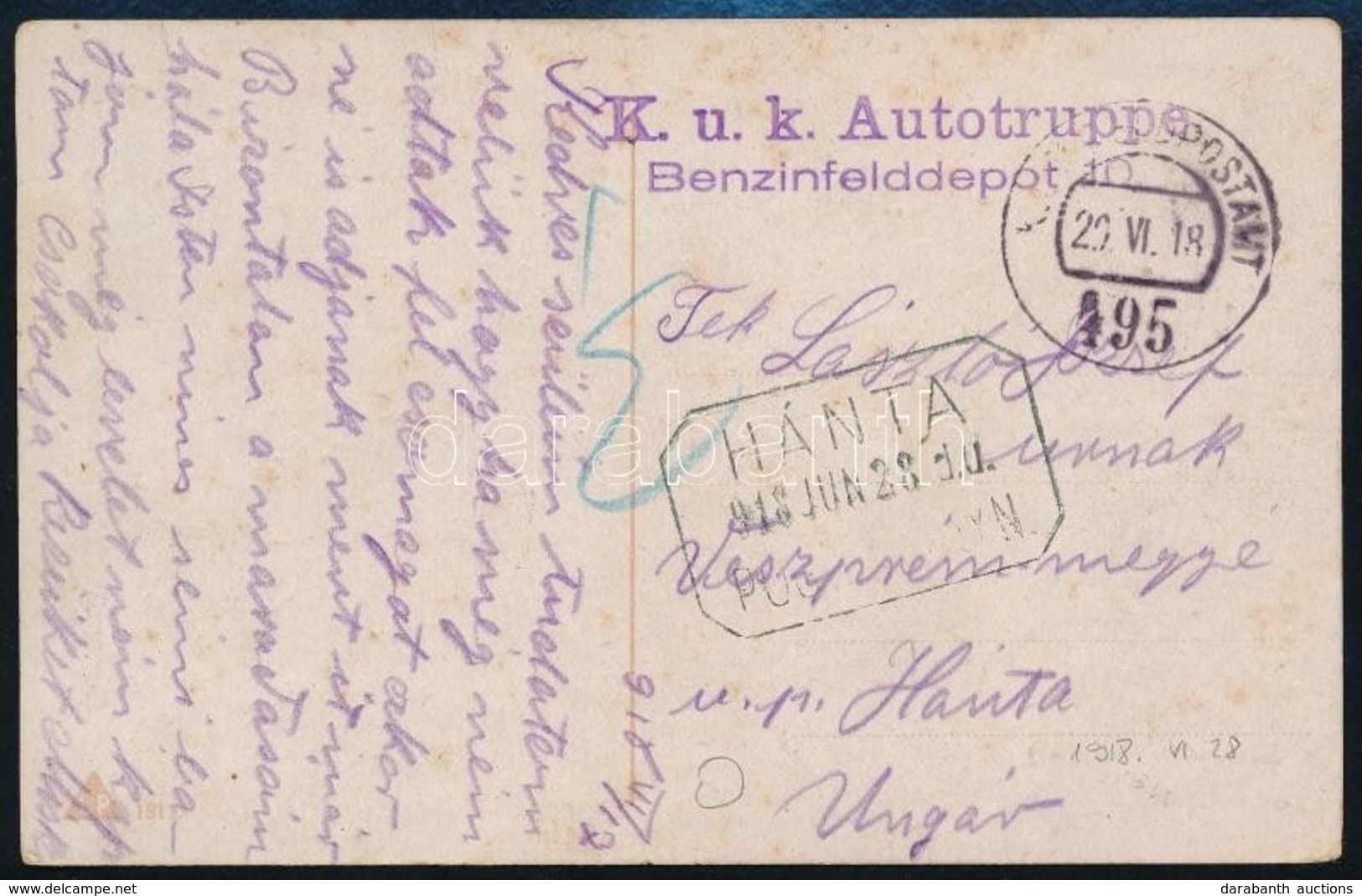 1918 Tábori Posta Képeslap 'K.u.K. FELDPOSTAMT 495' + 'HÁNTA' Postaügynökségi Bélyegzés - Andere & Zonder Classificatie
