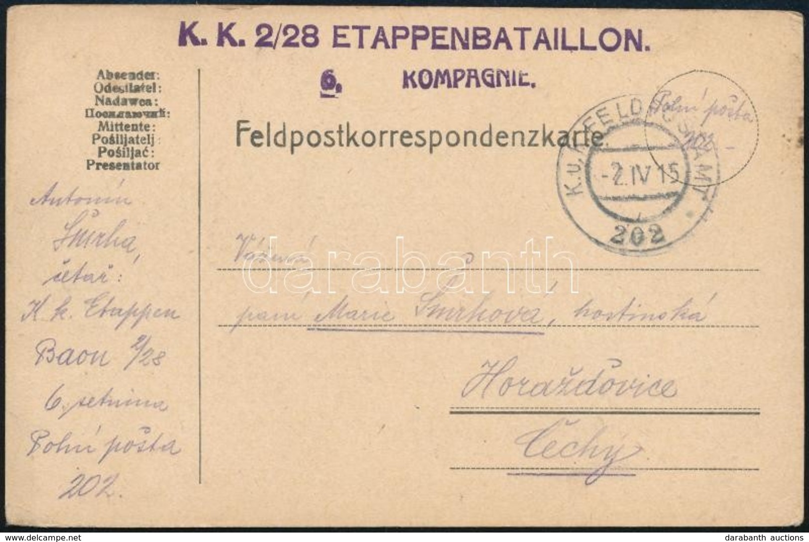 1915 Tábori Posta Levelezőlap 'K.K. 2/28 ETAPPENBATAILLON' + 'FP 202' - Altri & Non Classificati