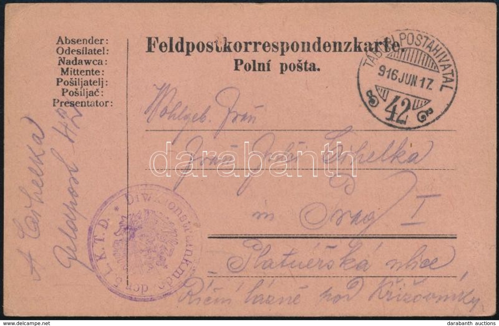 1916 Tábori Posta Levelezőlap 'Diwisionstrainkmdo Der 5. L.K.T.D.' + 'TP 42' - Sonstige & Ohne Zuordnung